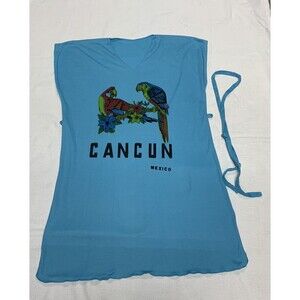 VTG Cancun Mexico Cotton Swim Cover  Up with Belt One Size Birds Souvenir Blue